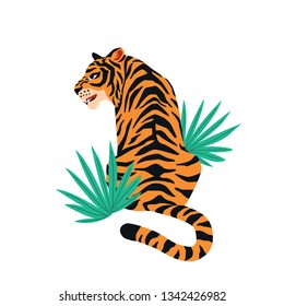 	
Vector card with cute tiger on white background and tropical leaves. Beautiful animal print design for t-shirt. Fashionable poster for home decor.