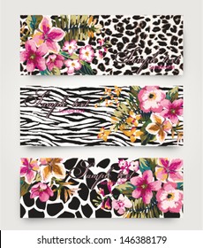 vector card with cute tropical flower mix animal print