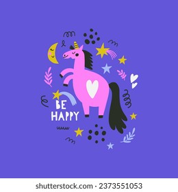 Tarjeta vectorial con unicornio lindo. Mano dibujada al estilo de niño. Diseño utilizado para la impresión, papel pintado, tela, niños textiles ilustraciones vectoriales