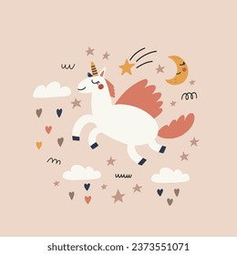 Vector card with cute unicorn. Hand drawn in kid style. The design used for print, wallpaper, fabric, textile Kids vector illustration