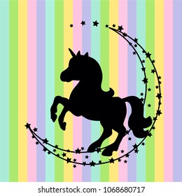 Vector card with cute unicorn. Magic unicorn poster, greeting card. Black silhouette unicorn on a rainbow background.