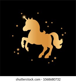 Vector card with cute unicorn. Magic unicorn poster, greeting card. Golden silhouette unicorn on a black background.