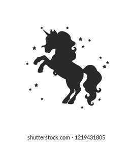 Vector card with cute unicorn. Magic unicorn poster, greeting card. Black silhouette of a unicorn on a white background.Vector illustration.