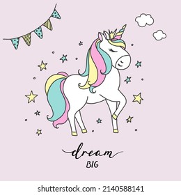 Vektorkarte mit süßem Einhorn. Magisches Einhorn-Poster, Grußkarte. Träume eine große Karte.