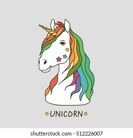 Vector card with cute unicorn. Magic unicorn poster, greeting card. 