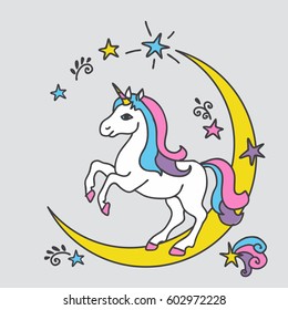 Vector card with cute unicorn. Magic unicorn poster, greeting card. 