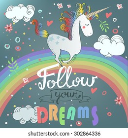 Vector card with cute unicorn, rainbow, decor elements.