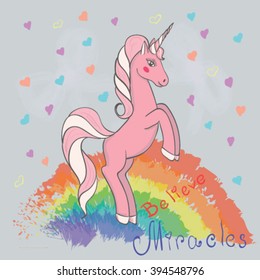 Vector card with cute unicorn, rainbow, decor elements