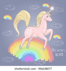 Vector card with cute unicorn, rainbow, decor elements