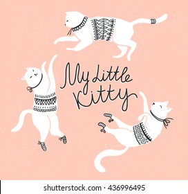 Vector card with cute white cats and stylish lettering 'my little kitty' on the grunge background.