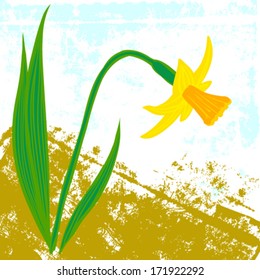 Vector card with daffodil on textured background. Template for Easter promotion, flower shop gift card, thank you note, spring sale coupon, perfume box design, Mother's day card, wedding invitation