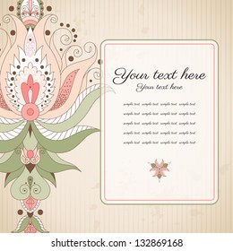 Vector card. Damask pattern on vintage background. Old paper, strips and stains. Transparent frame for your text. Perfect for greetings, invitations or announcements.