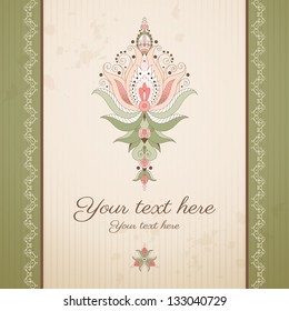 Vector card. Damask pattern on vintage background. Old paper, strips and stains. Place for your text. Perfect for greetings, invitations or announcements.