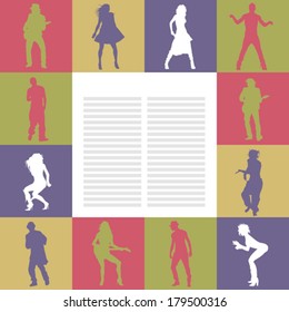 Vector card with dancing people silhouettes