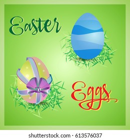 Vector card to the day of Easter. Square postcard with two ornamental eggs with in green nests.