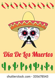 vector card with a decorated human skull in sombrero and text Dias de Los Muertos