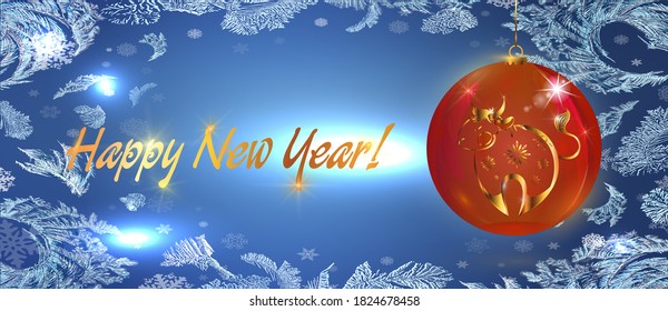 Vector card with a decorative Christmas ball. Blue winter background with frosty pattern.