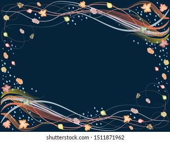 Vector card with decorative frame from autumn leaves,raindrops,curls and lines