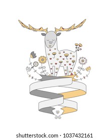 Vector card with deer, ribbons and flowers. Hand drawn greeting card. Cartoon deer.