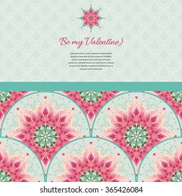 Vector card with delicate ornament. Beautiful fantasy floral round pattern and ribbon. Place for your text. All design elements consist of hearts. Wedding or Valentine's Day. 
