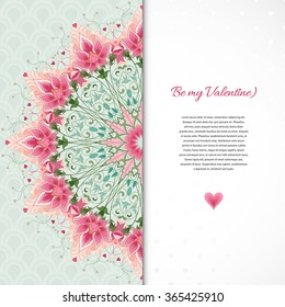 Vector card with delicate ornament on backdrop. Fantasy floral round pattern. All design elements consist of hearts. Wedding or Valentine's Day. Insertion for your text. 