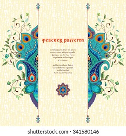 Vector card with delicate ornament. Oriental floral pattern with peacock feathers. Place for your text.