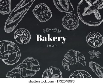 Vector Kartendesign mit Backgrafik. Brötchen und Gebäck. Handgezeichnete lineare Schablone. Bäckerei oder Bäckerei auf der Tafel. Gravierte Darstellung der oberen Ansicht. Horizontales Banner.