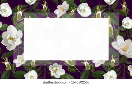 Vector card design with beautiful white magnolia flowers on dark background