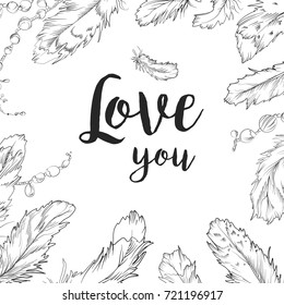 Vector card design: bird Feather & bead hand drawn frame border. Monochrome Black gray ink pen line drawing in bohemian style for wedding invitation postcard. Beautiful cute & romantic layout on white