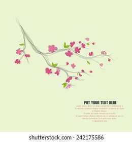 Vector card design with branch of spring blossoming japan cherry sakura and a place for sample text