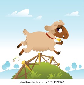 vector card design with Cartoon Sheep Jumping a Fence