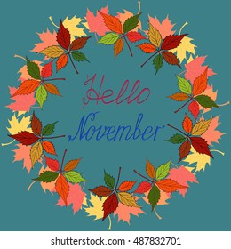  Vector card design with custom calligraphy. Hello November. Autumn season cards, greetings.