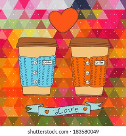 Vector card design with cute coffee cup on the colorful triangle background.