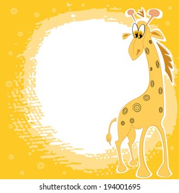 Vector card design with cute giraffe on a spotted yellow background, for birthday, invitation or celebration