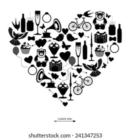 Vector card design with decorative valentines day design elements. Abstract heart with valentine's day elements isolated on white