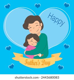 Diseño de tarjeta vectorial dedicado al Día del Padre, con un dibujo de un padre abrazando a su pequeña hija, con un corazón y etiqueta, frase Feliz Día del Padre, un color para cualquier estampado, azul, niños, hijo