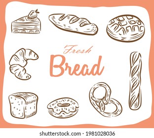 Vector card design with drawn baking illustration. Bakery or bakehouse menu.