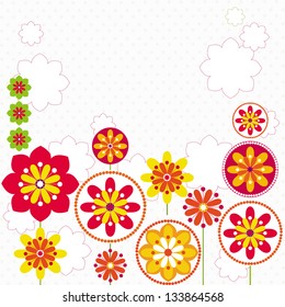 Vector card design  with fantastic spring flowers. Ornamental illustration with floral rosettes.