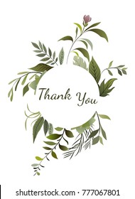 Vector card design with floral plant, watercolor hand drawn beautiful bouquet. Elegant round card, green wedding invitations. The frame space of the text