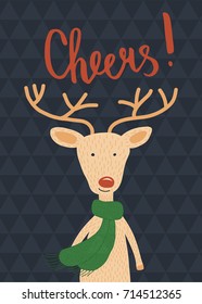 vector card design with a funny deer and cheers hand lettering text
