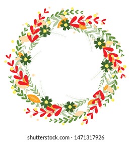 Vector card design with green leaves elegant greenery. Beautiful round wreath. Vector illustration.