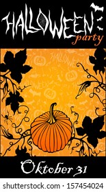 Vector card design for halloween celebration with hand drawn pumpkin and seamless background.