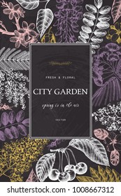 Vector card design with hand drawn blossoming trees illustration. Spring flowers sketch collection.  Wedding invitation template on chalkboard