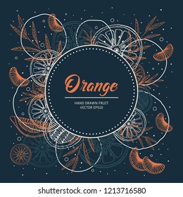 Vector card design with hand drawn orange fruits, vintage citrus background in pastel colors, geometric circle frame. 