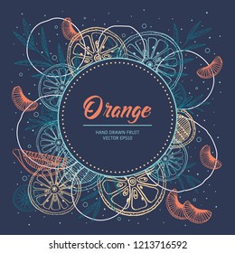 Vector card design with hand drawn orange fruits, vintage citrus background in pastel colors, geometric circle frame. 