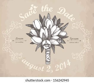 Vector card design with hand drawn wedding tulip flowers on aged background.