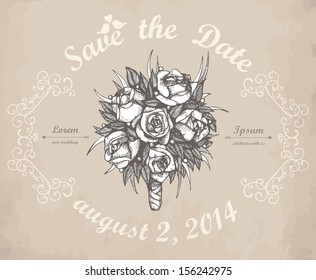 Vector card design with hand drawn wedding roses flowers on aged background.