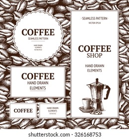 Vector card design with hand drawn coffee and dessert illustration. Decorative background with vintage coffee sketch. Coffee seamless pattern