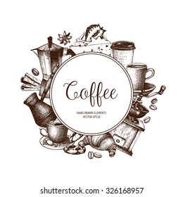 Vector card design with hand drawn coffee and dessert illustration. Decorative background with vintage coffee sketch. Coffee shop or cafe template