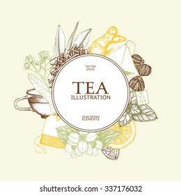 Vector card design with hand drawn tea illustration. Decorative inking background with vintage tea sketch. Sketched template